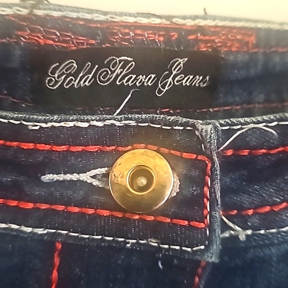Gold Flara Blue Jeans, Sz 10 (W34"/L39"), Red/Gold Rhinestones Pocket Designs - Picture 9 of 12